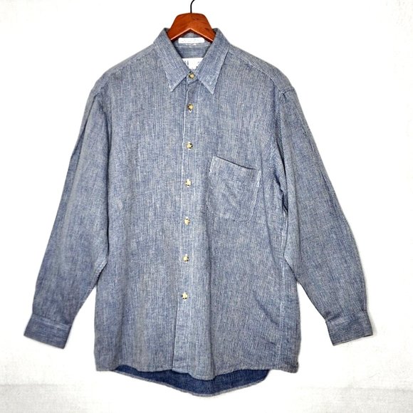 Perry Ellis Other - Perry Ellis Portfolio Navy Blue Striped Long Sleeve Shirt Size 16 32-33 Linen